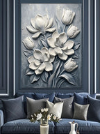 Beyaz Çiçekli Kabartma 3D Deseni Kanvas Tablo