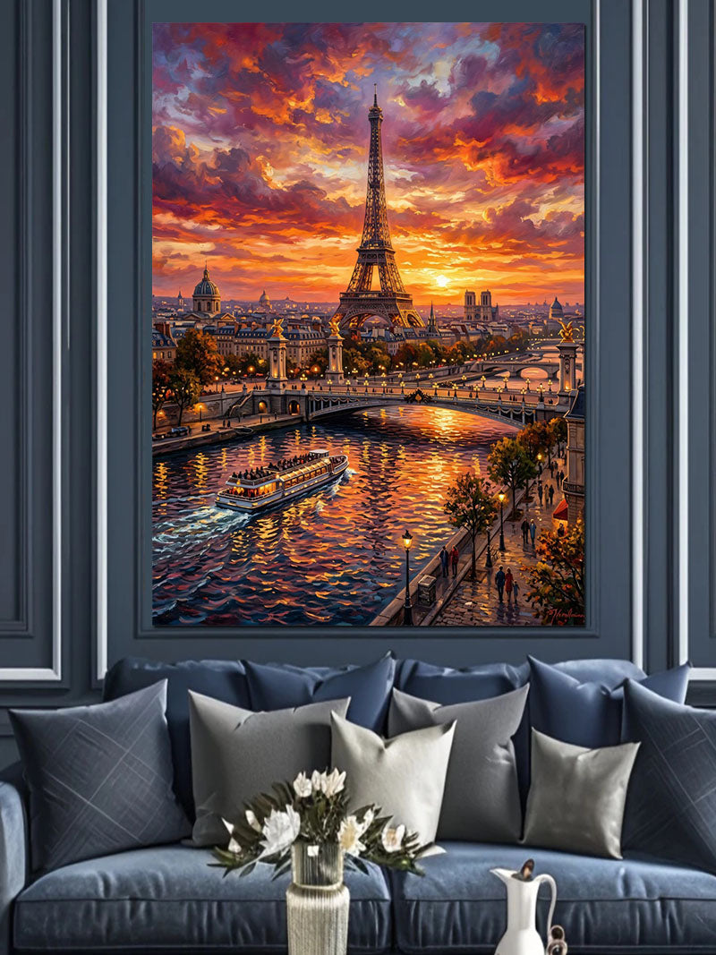 Gün Batımında Eyfel Kulesi Paris Nehri Kanvas Tablo