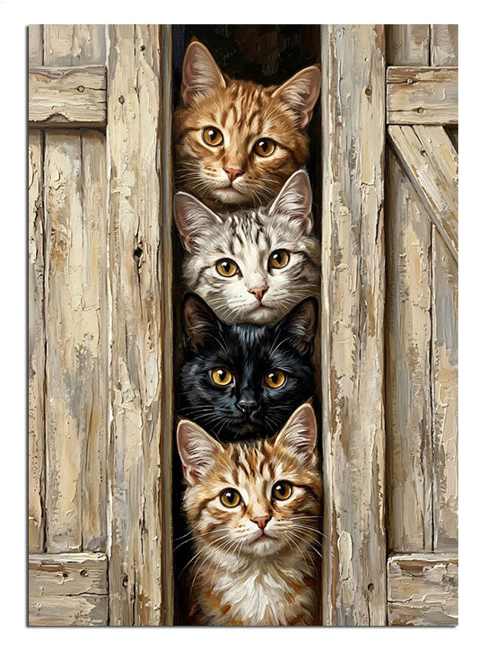 Ahşap aralığında üst üste dört kedi bakıyor