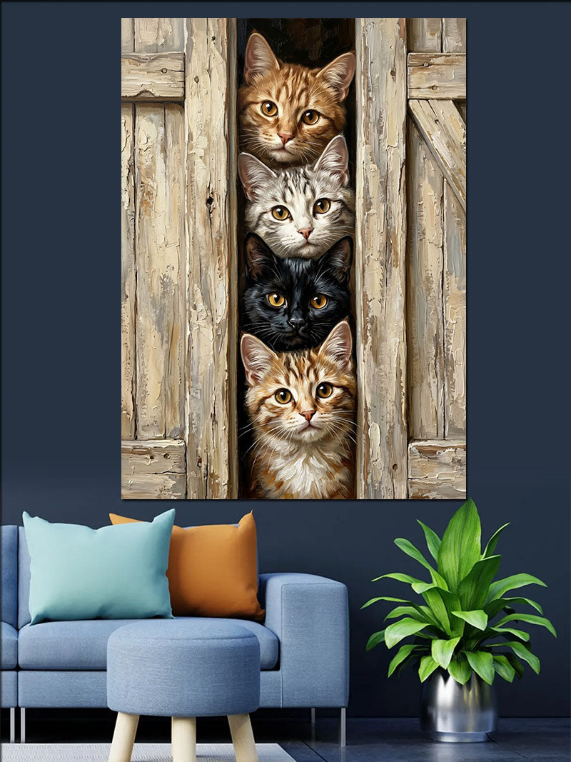 Tahta Aralığında Dört Kedi Bakışı Kanvas Tablo