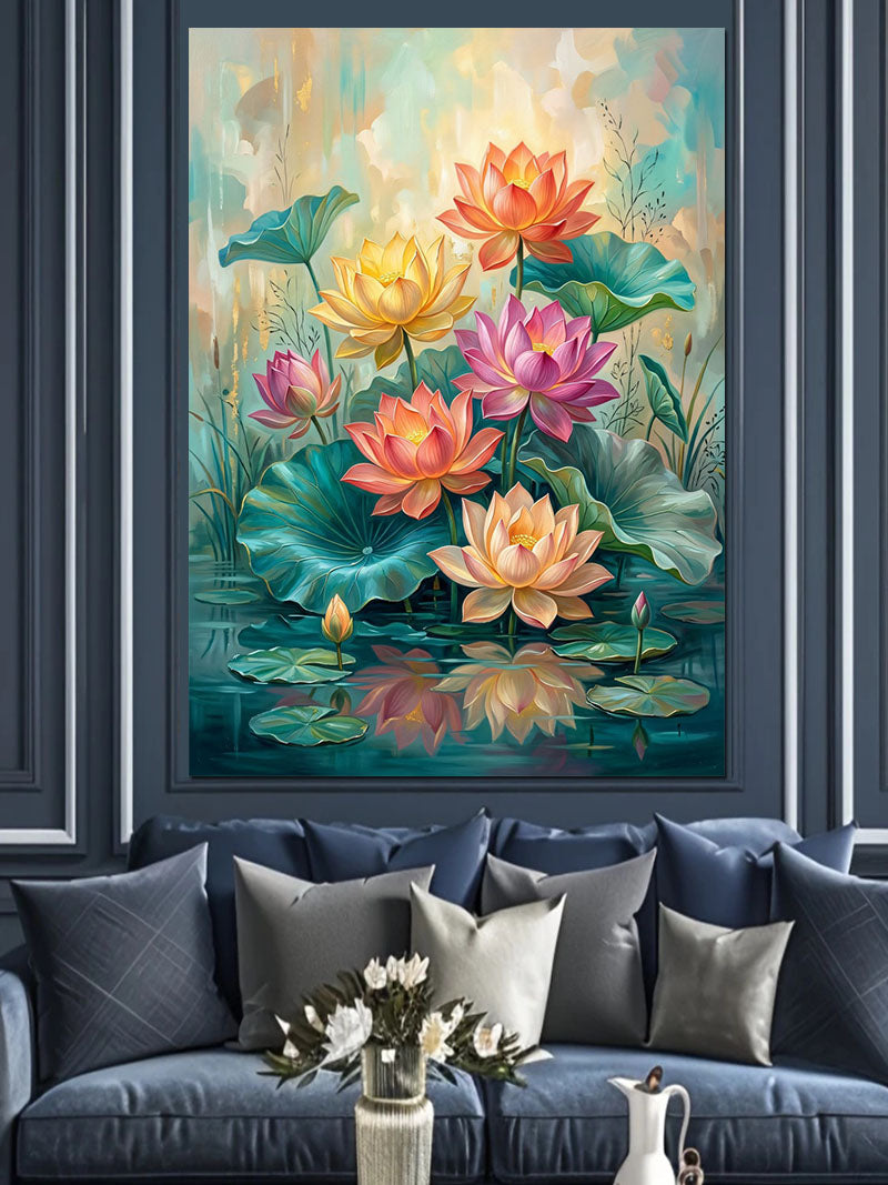Lotus Gölünde Sarı Pembe Çiçekler Kanvas Tablo