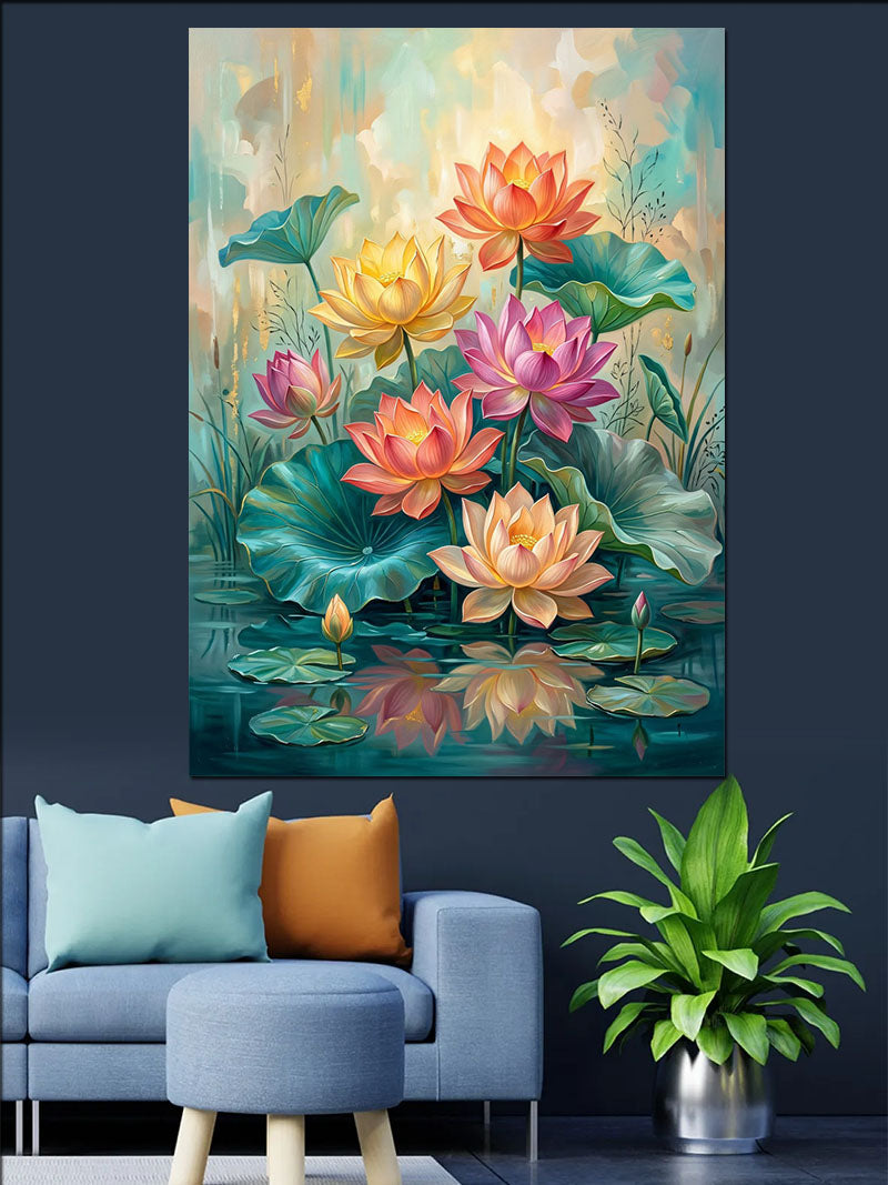 Lotus Gölünde Sarı Pembe Çiçekler Kanvas Tablo