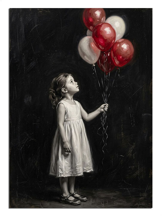 Kırmızı beyaz balon tutan küçük kız siyah beyaz portre