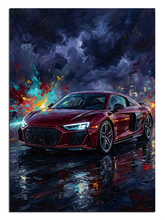 Fırtınalı gecede ıslak yolda kırmızı Audi spor araba