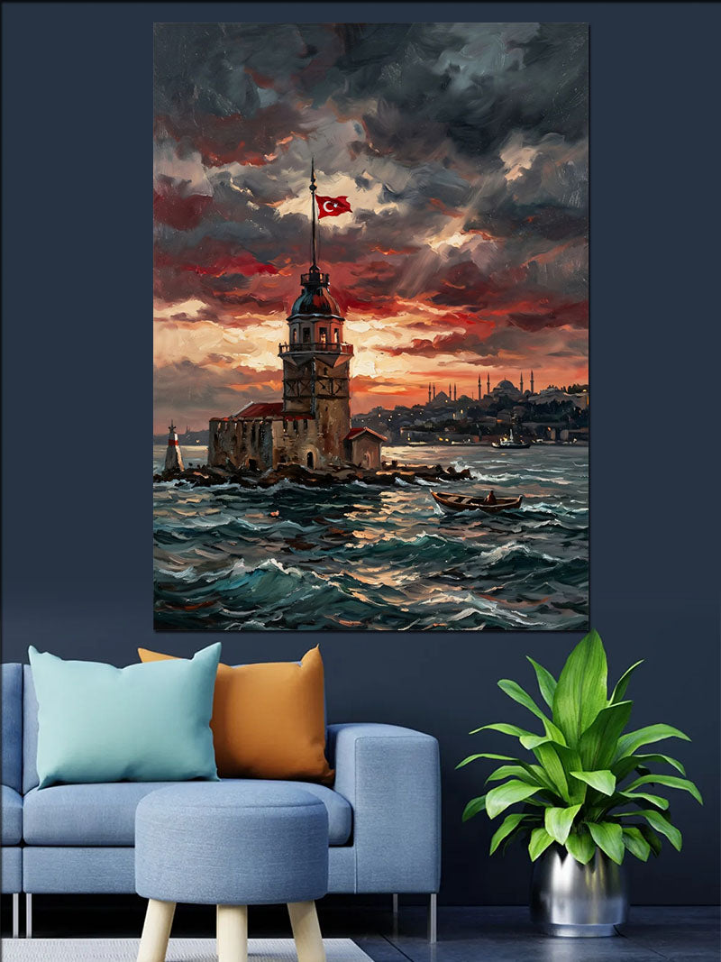Kız Kulesi ve Fırtınalı İstanbul Manzarası Kanvas Tablo