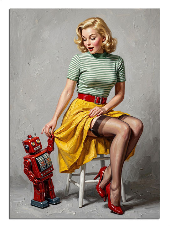 Sarı etekli pin-up kız ve kırmızı robot oyuncak