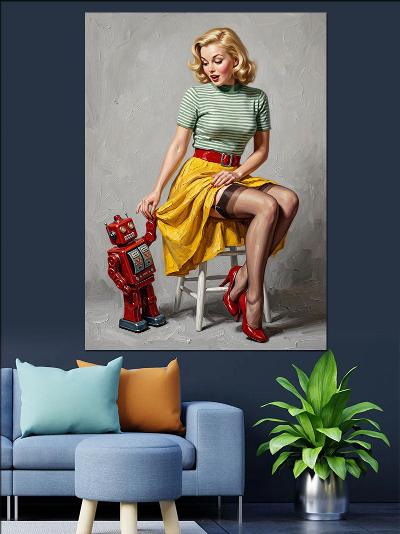 Sarı Etekli Kız ve Kırmızı Robot Kanvas Tablo