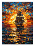 Gün batımında turuncu gökyüzünde yelkenli gemi okyanusta