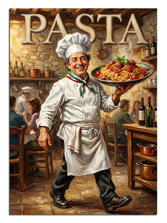 PASTA yazılı makarna tabağı taşıyan şef garson