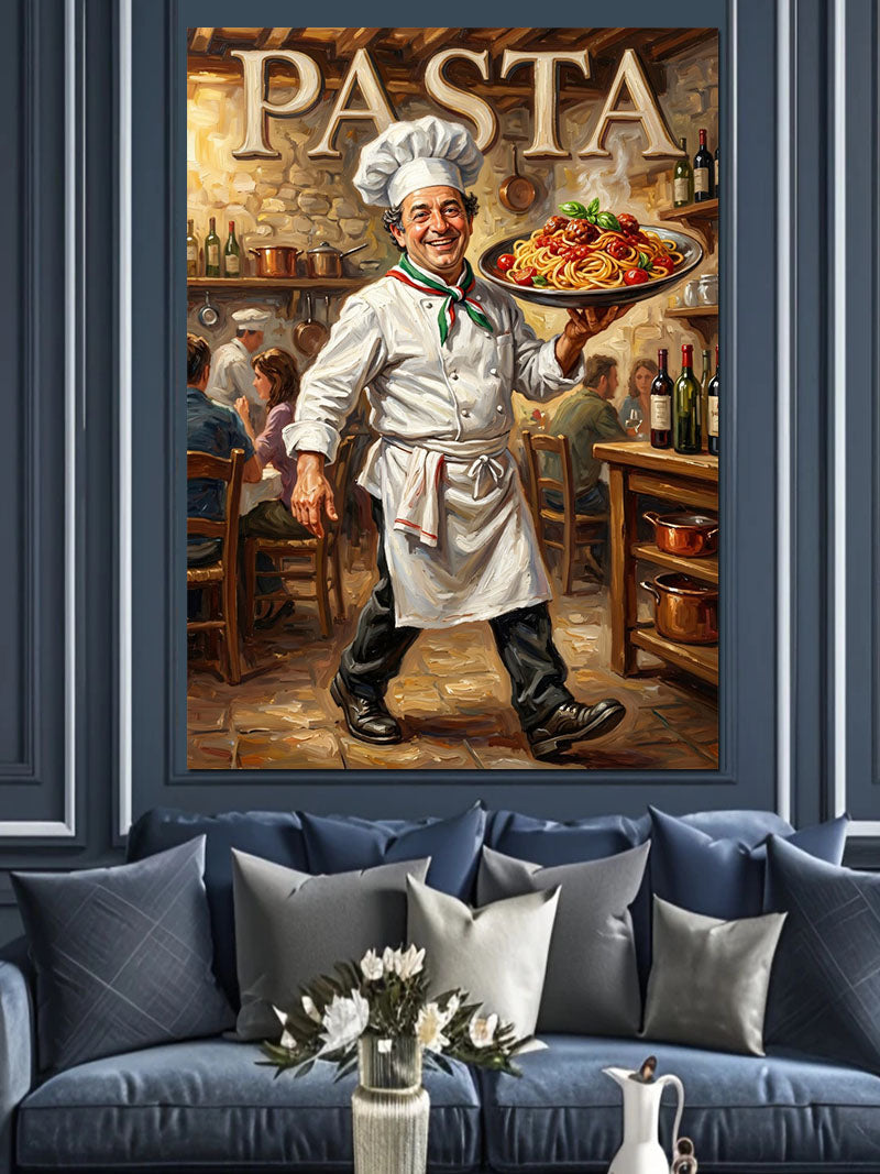 Pasta Tabağı Taşıyan Şef Garson Kanvas Tablo