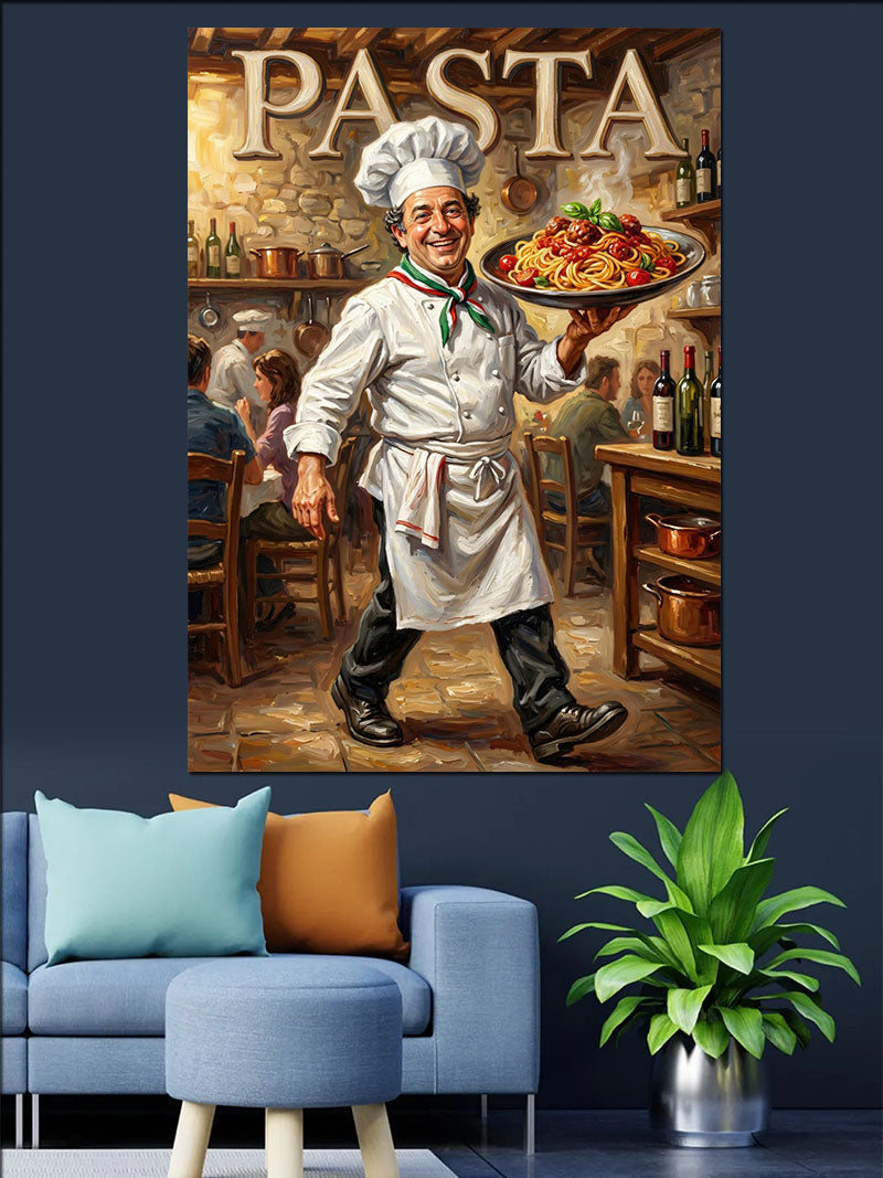 Pasta Tabağı Taşıyan Şef Garson Kanvas Tablo