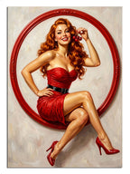 Kırmızı yuvarlak pencerede kırmızı elbiseli pin-up kız
