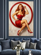 Kırmızı Halka İçinde Kırmızı Elbiseli Pin-up Kanvas Tablo