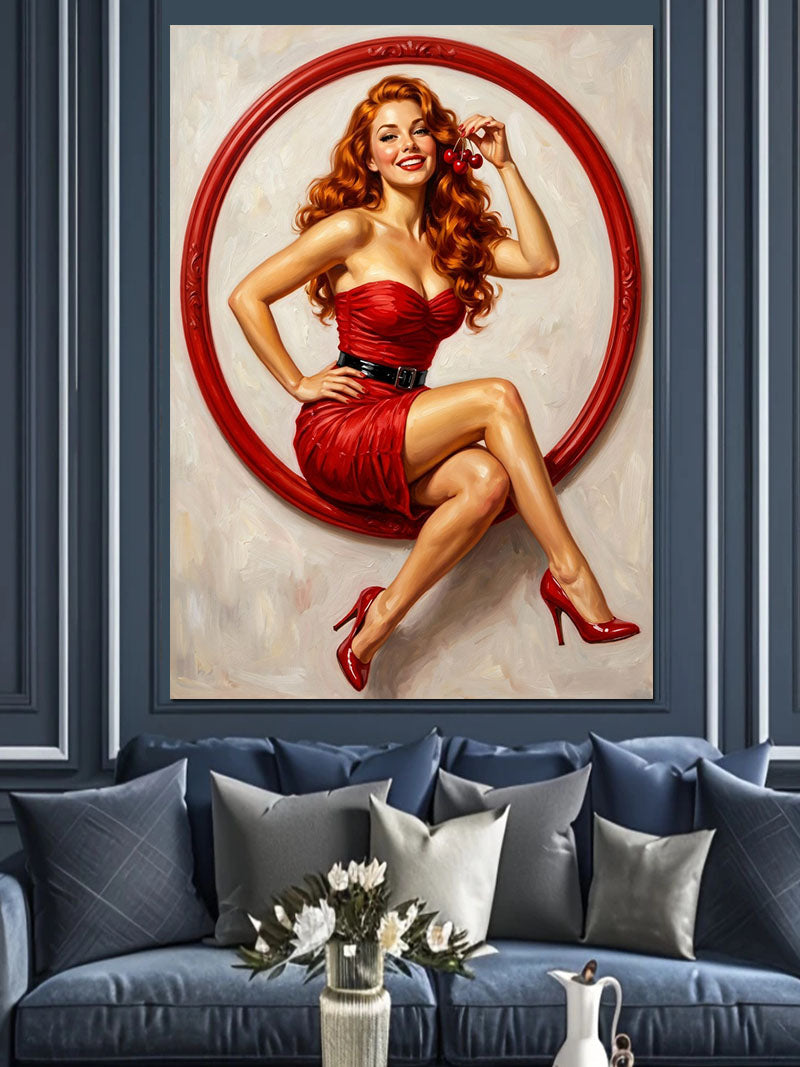Kırmızı Halka İçinde Kırmızı Elbiseli Pin-up Kanvas Tablo