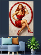 Kırmızı Halka İçinde Kırmızı Elbiseli Pin-up Kanvas Tablo