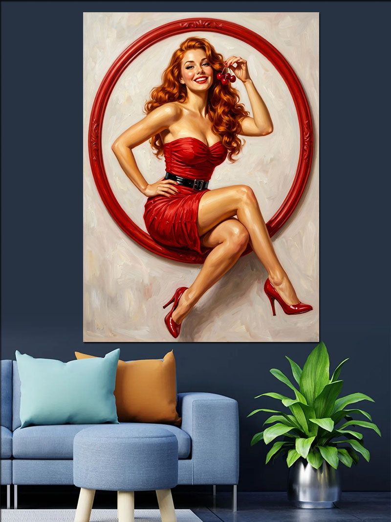 Kırmızı Halka İçinde Kırmızı Elbiseli Pin-up Kanvas Tablo