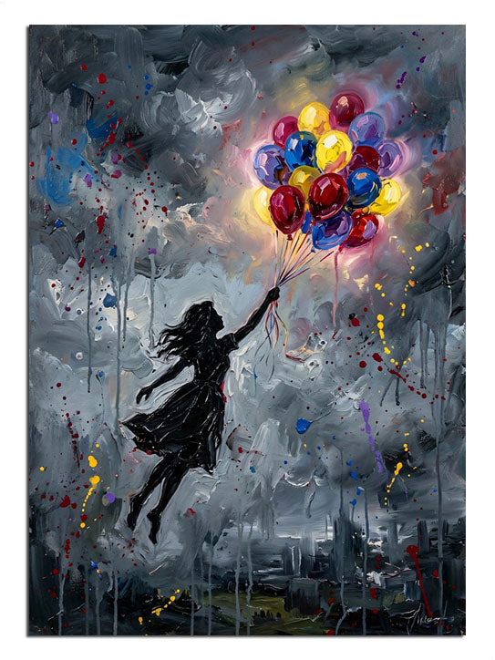 Renkli balon demeti ile uçan kız silüeti grafiti