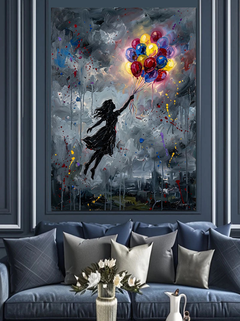Renkli Balonlu Uçan Kız Silüeti Banksy Kanvas Tablo