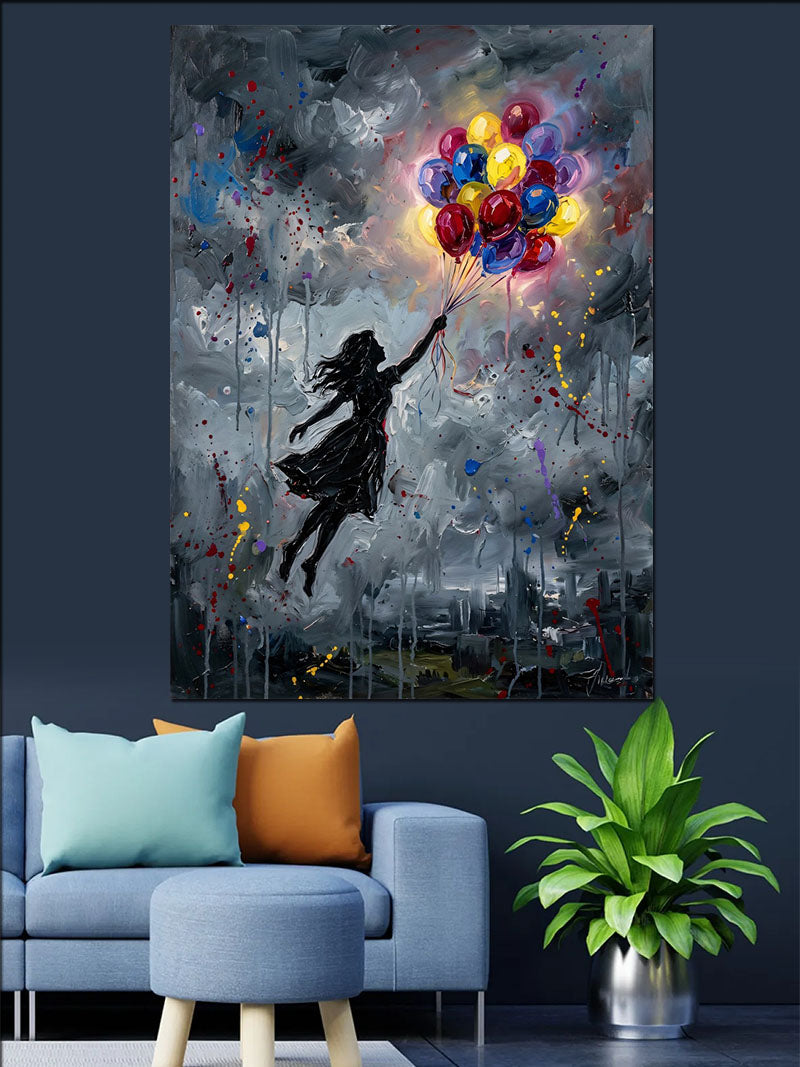 Renkli Balonlu Uçan Kız Silüeti Banksy Kanvas Tablo
