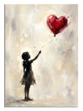 Kırmızı kalp balon tutan kız silüeti Banksy tarzı