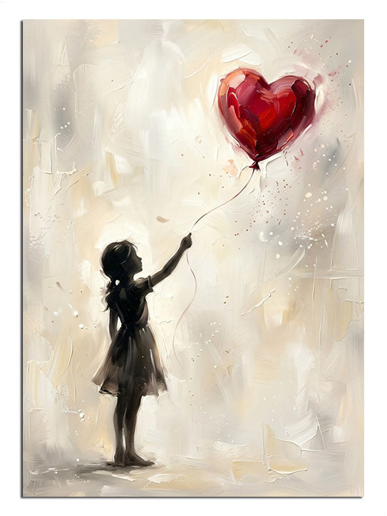 Kırmızı kalp balon tutan kız silüeti Banksy tarzı