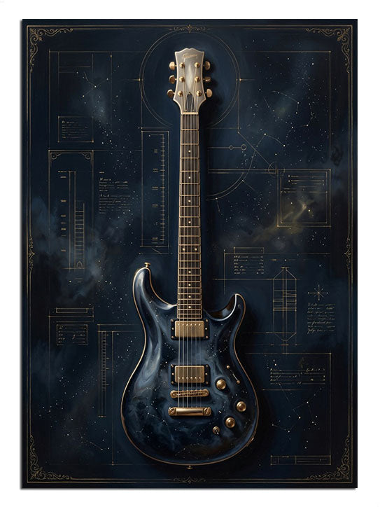 Mavi elektro gitar ve teknik çizim detaylı