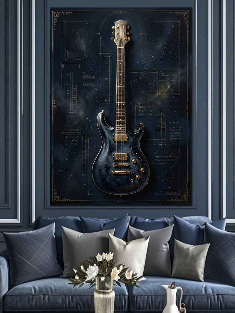 Mavi Elektro Gitar Teknik Çizim Kanvas Tablo