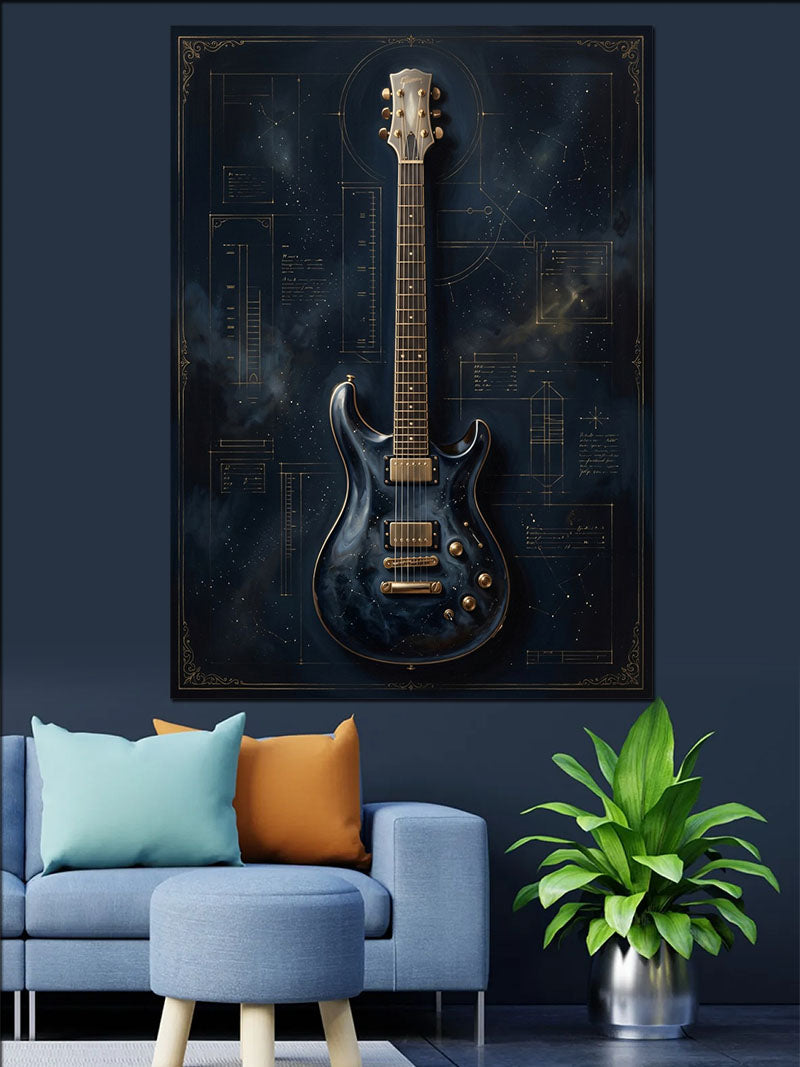 Mavi Elektro Gitar Teknik Çizim Kanvas Tablo