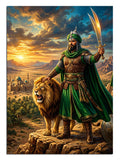 Aslan yanında kılıç kaldıran yeşil cübbeli savaşçı