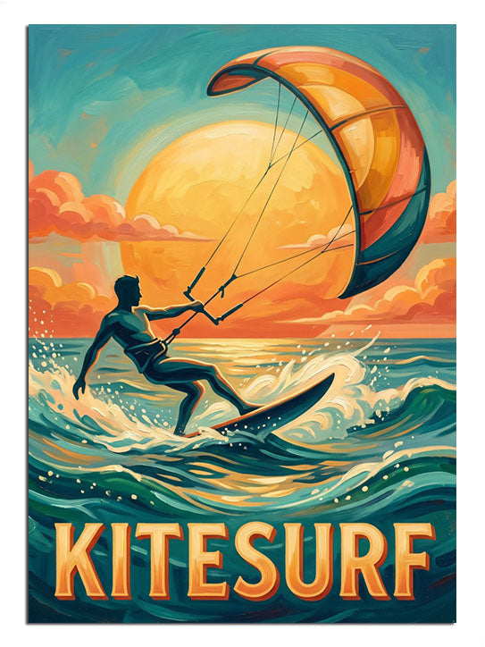 KITESURF yazılı gün batımı kitesurf yapan sporcu posteri