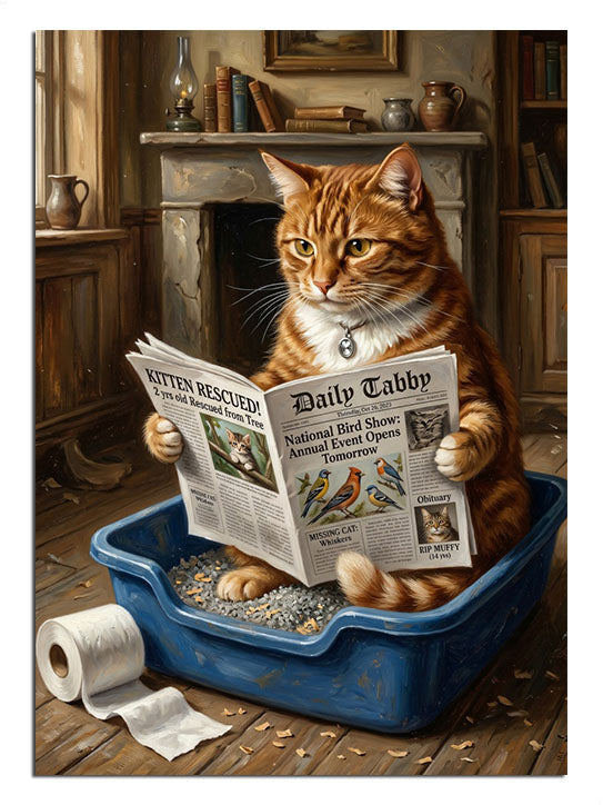 Kum kabında gazete okuyan turuncu kedi komik