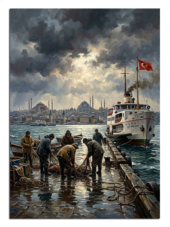Fırtınalı havada İstanbul Boğazı vapur ve balıkçılar iskelesi