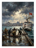 Fırtınalı havada İstanbul Boğazı vapur ve balıkçılar iskelesi