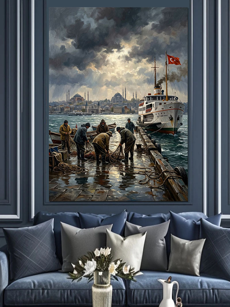 Fırtınalı İstanbul Boğazı Vapur İskelesi Kanvas Tablo