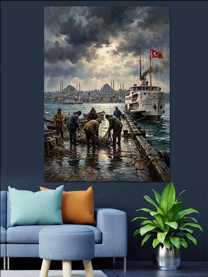 Fırtınalı İstanbul Boğazı Vapur İskelesi Kanvas Tablo