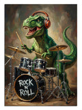 Kulaklıklı bateri çalan yeşil T-Rex dinozor Rock and Roll