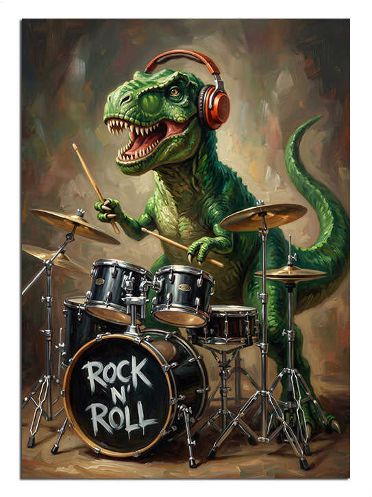 Kulaklıklı bateri çalan yeşil T-Rex dinozor Rock and Roll