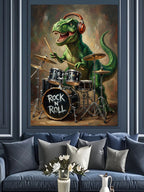 Bateri Çalan T-Rex Dinozor Rock Kanvas Tablo