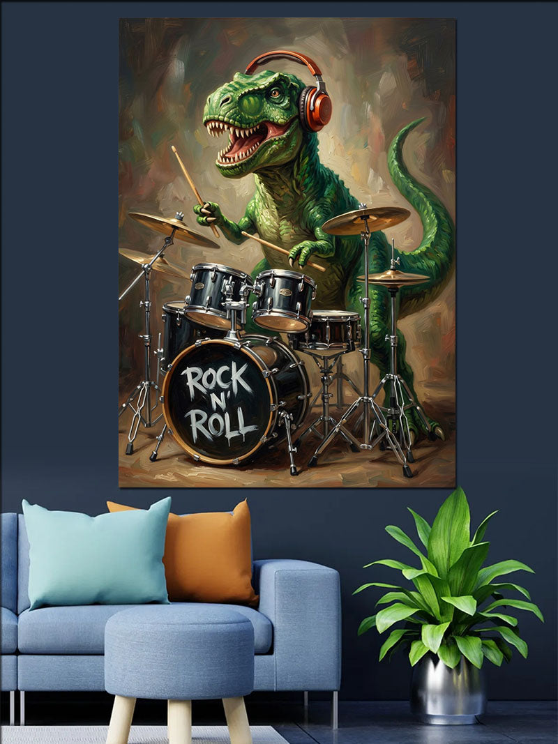 Bateri Çalan T-Rex Dinozor Rock Kanvas Tablo