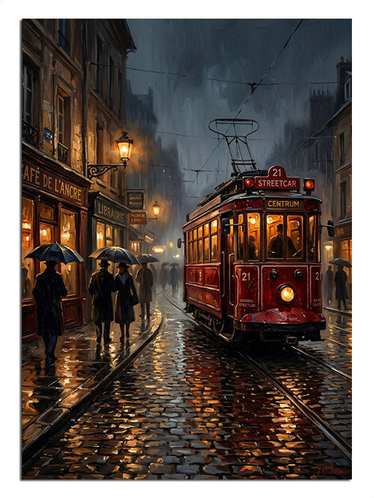 Yağmurlu gece İstiklal Caddesi kırmızı tramvay ve insanlar