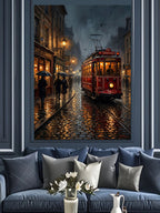 Yağmurlu Gece Kırmızı Tramvay İstanbul Kanvas Tablo