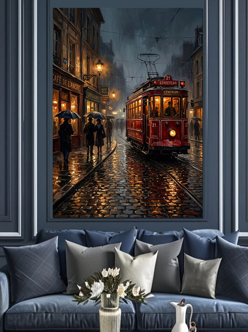 Yağmurlu Gece Kırmızı Tramvay İstanbul Kanvas Tablo