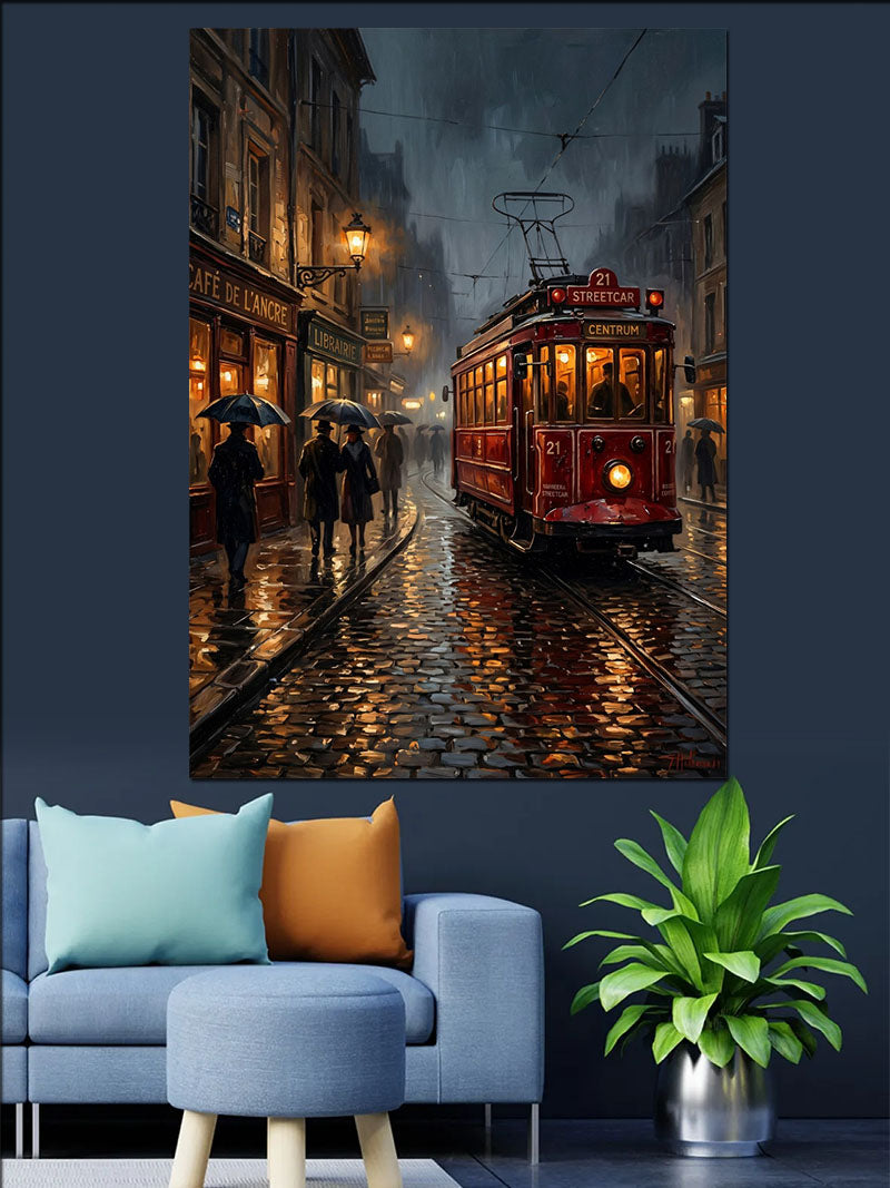 Yağmurlu Gece Kırmızı Tramvay İstanbul Kanvas Tablo