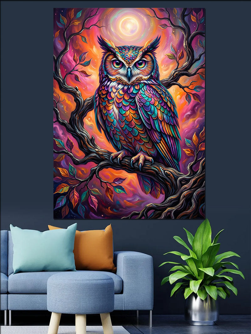 Renkli Tüylü Baykuş Gece Dalında Kanvas Tablo
