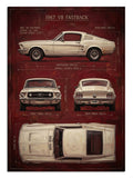 1967 V8 FASTBACK yazılı beyaz Mustang teknik çizim