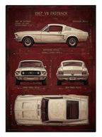 1967 V8 FASTBACK yazılı beyaz Mustang teknik çizim