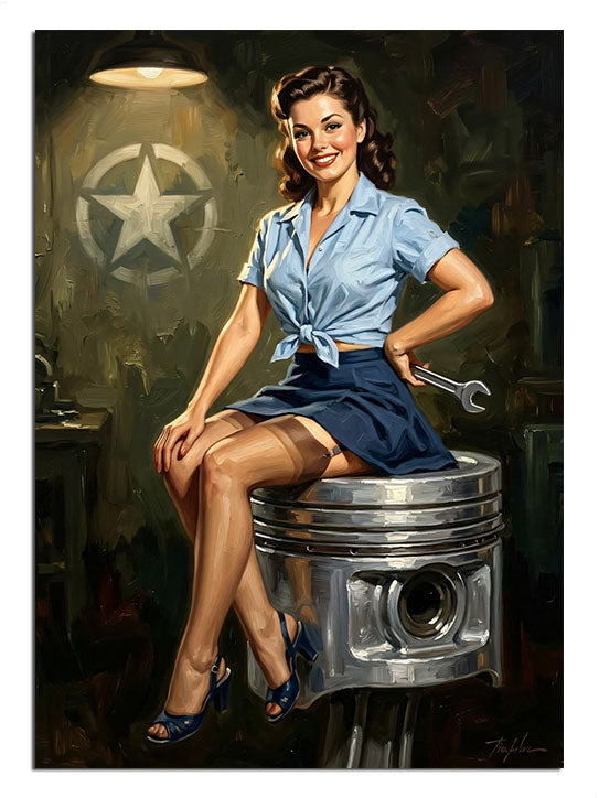 Piston üzerinde oturan mavi gömlekli pin-up kız