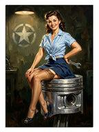 Piston üzerinde oturan mavi gömlekli pin-up kız