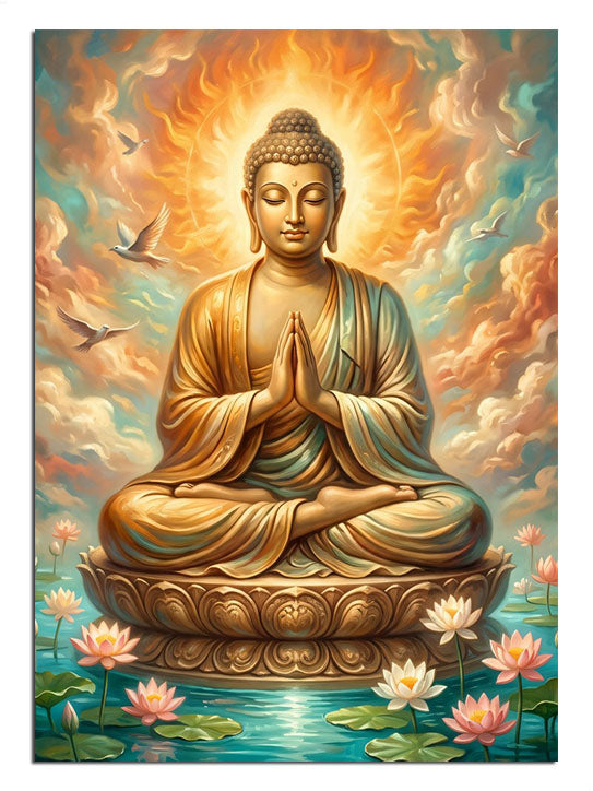 Lotus çiçekleri üzerinde altın Buda meditasyon yapıyor