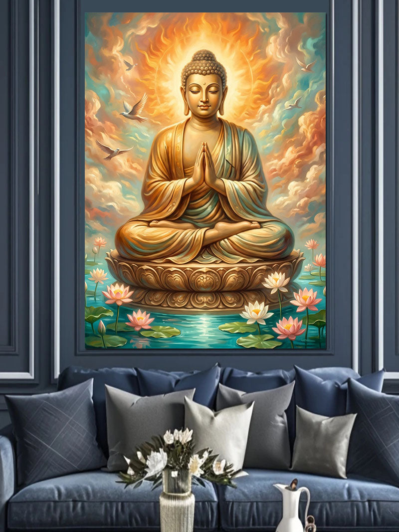 Lotus Üzerinde Altın Buda Meditasyon Kanvas Tablo